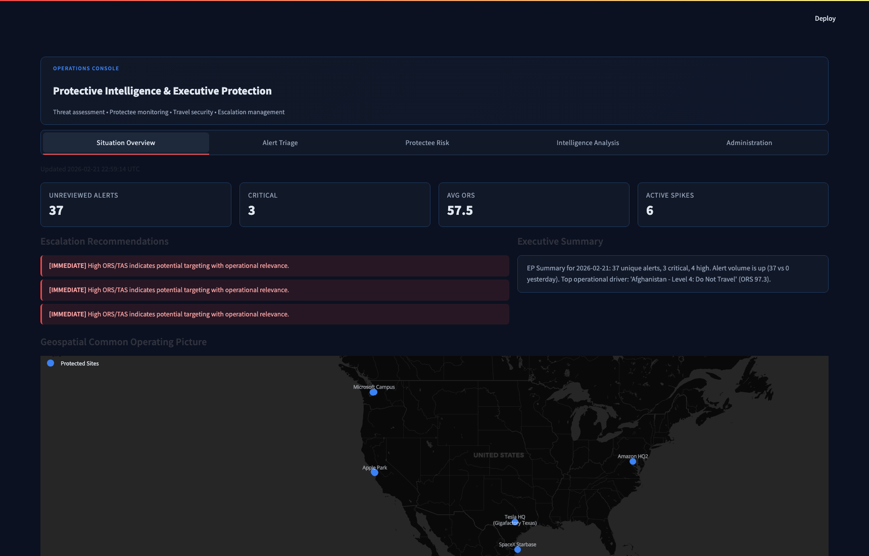 Protective Intelligence Assistant overview dashboard screenshot